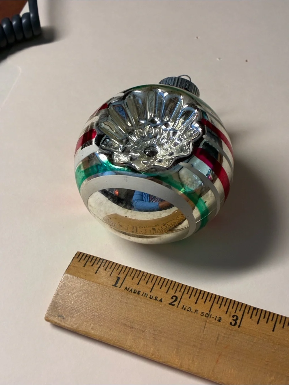 Vintage shiny  brite Silver Glass Holiday Ornament with Red and Green Accents
